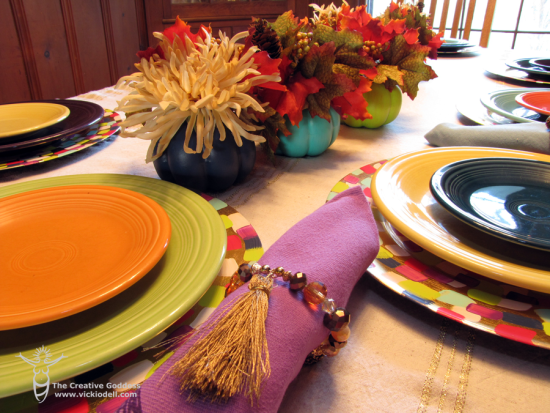 Painted chargers, painted napkins, painted pumpkins 