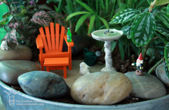 Fairy garden, bunny, bird bath, beer