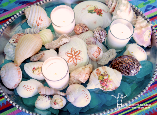 Fill a vintage tray with decopauged and tattooed seashells