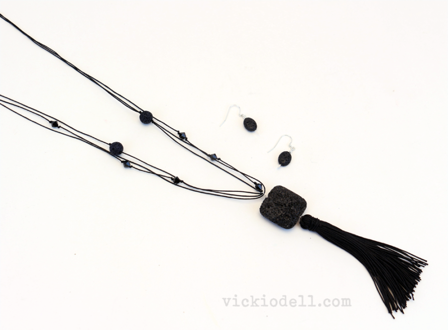 Lava Bead and Black Crystal Necklace