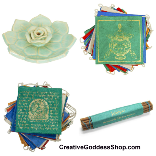 prayer flag, incense burner, incense, meditation
