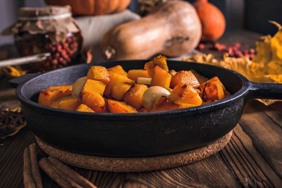 Stock Your Kitchen For Cold Weather - roasted pumpkin in cast iron